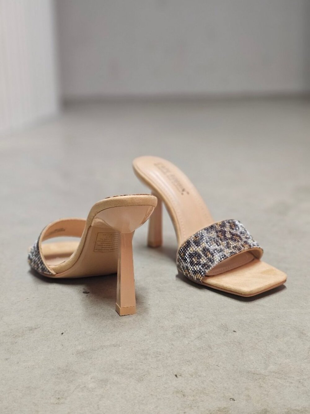 Beaded Leopard Print Square-Toe Open Heels With Stiletto Heel Design